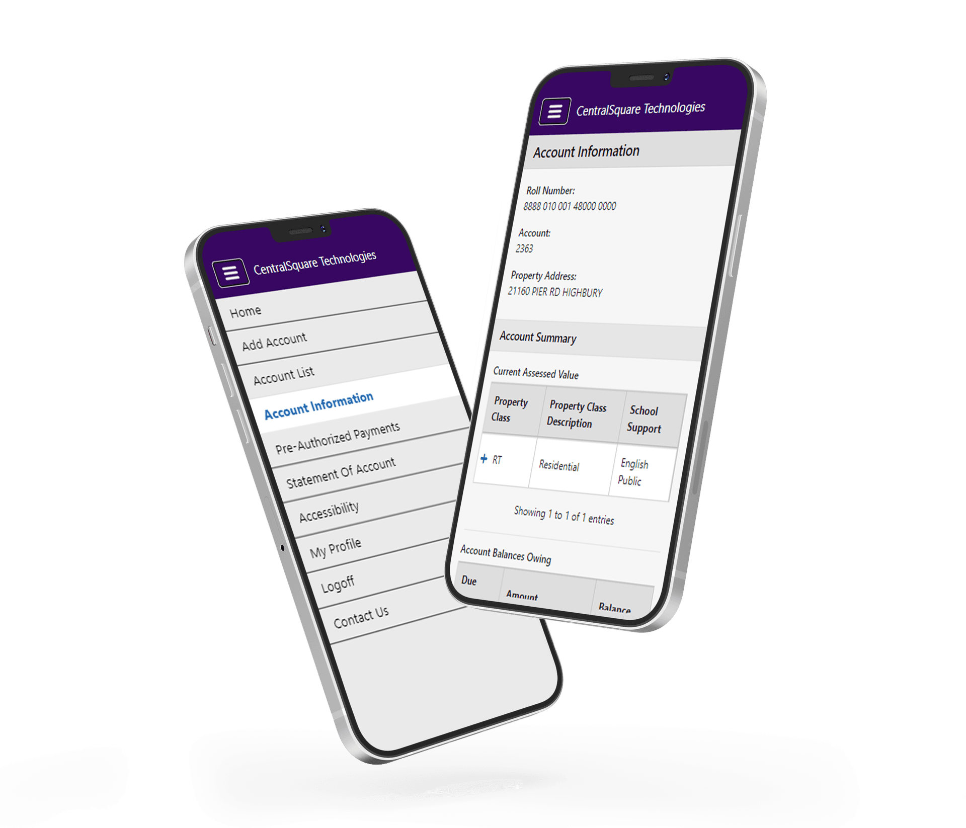 Two mobile phones display different views of CentralSquare's Property Tax mobile solution.